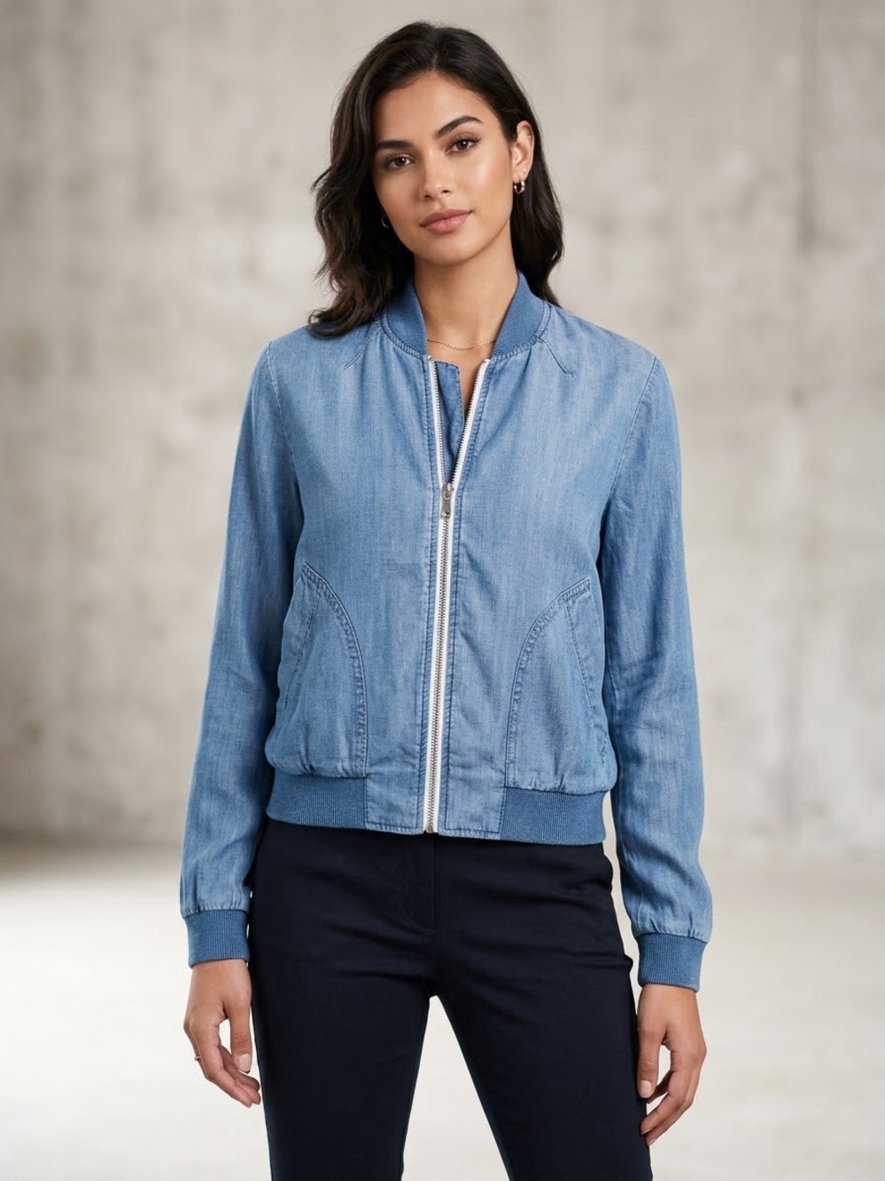 Cloth & Stone Chambray Blue Denim Zip Bomber Jacket Small